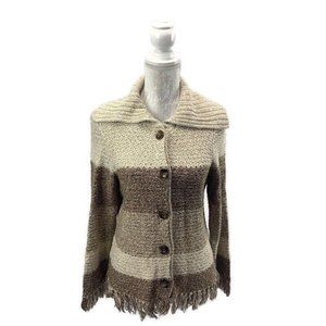 Color Block Turned Down Collar Fringed Cardigan Sweater Button Front Tan Brown S